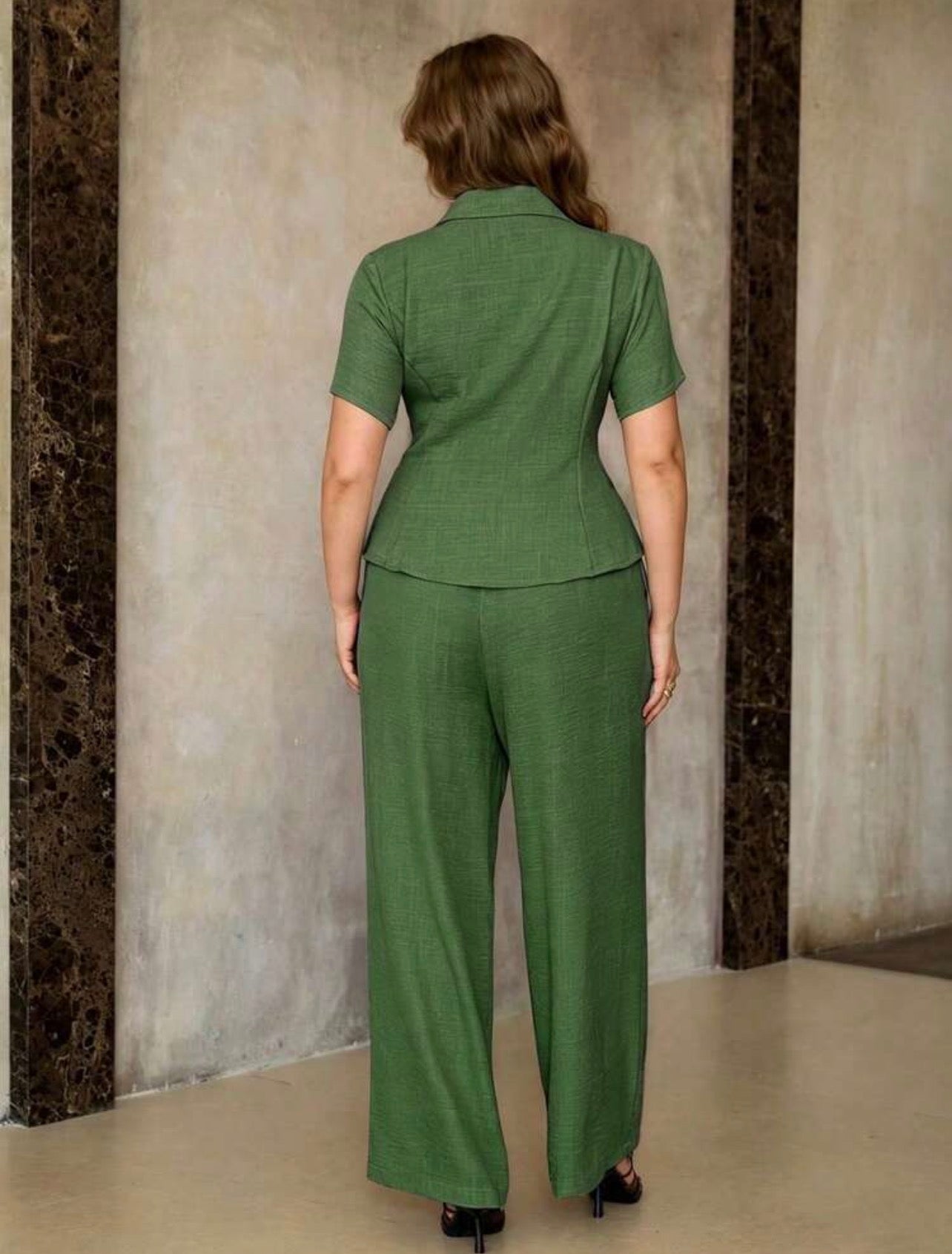 Roveilla Elegant Apricot Minimalist Short Sleeve Cinched Waist Shirt With Pockets And Straight Leg Pants 2-Piece Set