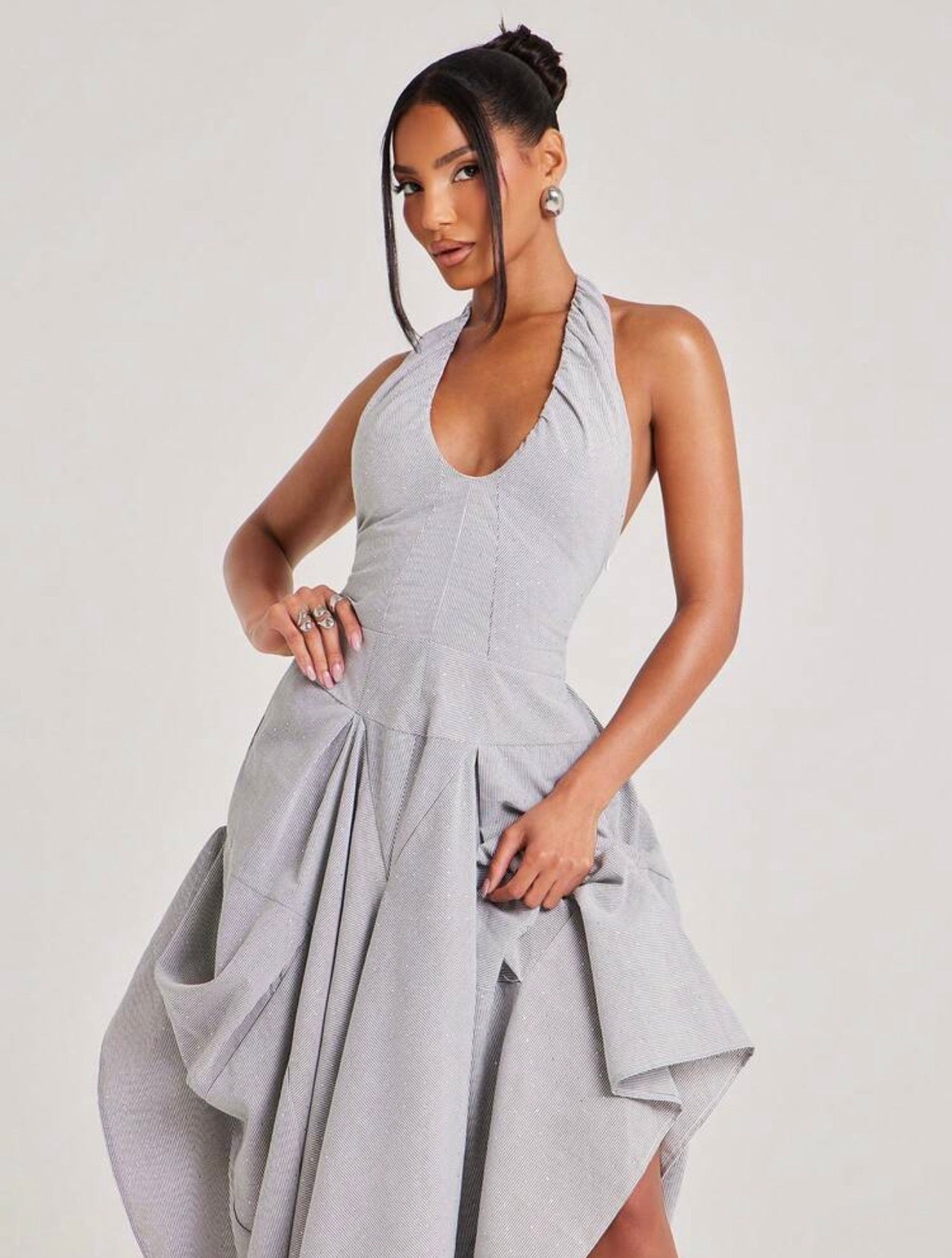 SZN Dress Midi Striped Pleated Gathered Ruched Ruffled Unique Bubble Hem ~ @CHRISTIANDELOS_