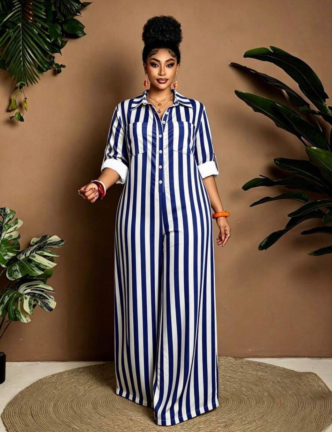 Plus Size Casual Striped Wide Leg Jumpsuit For Fancy Occasions / CLASSY AND DEMURE