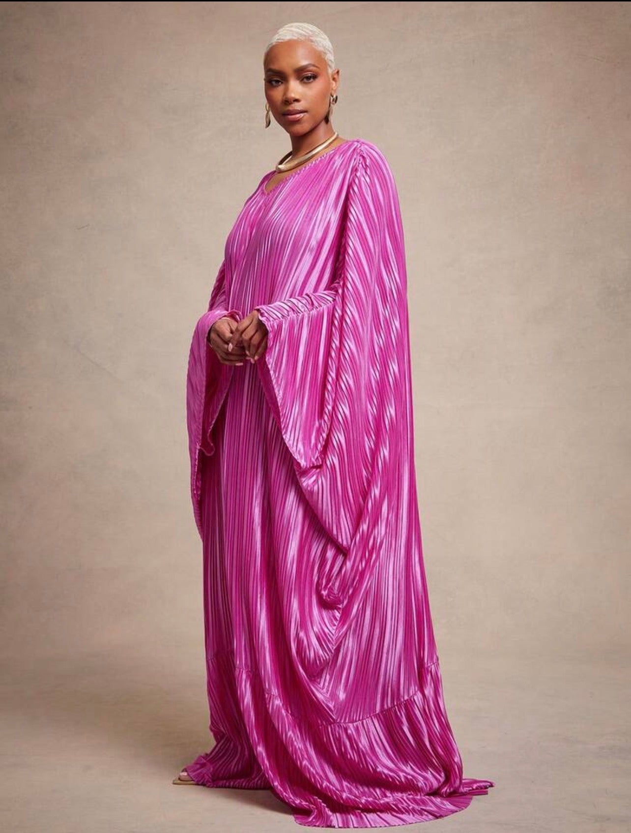 Vixey Statement Pleated Satin V Neck Cut Out Batwing Tiered Hem Kaftan Maxi Dress Elegant For Glamorous, Special Occasion