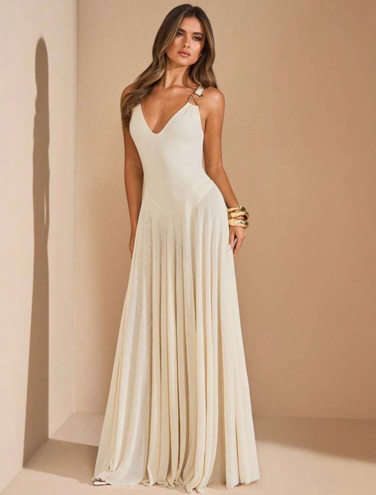 Off-White Maxi Dress, Metal Decor A-Line Goddess Dress For Tropical Vacation,Holiday Beach Resort