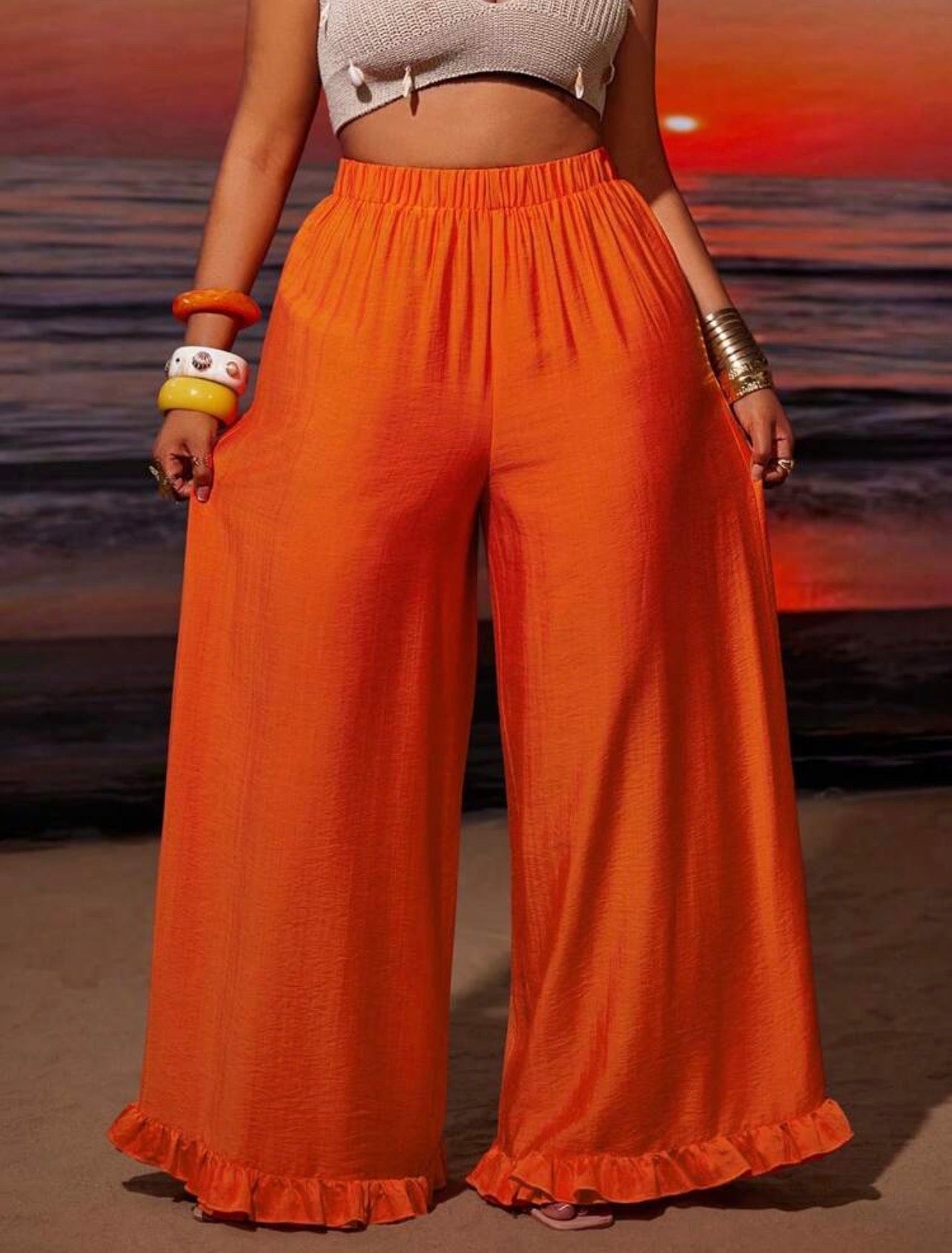 Retro Linen Wide Leg Pants, Frill Trim, Elastic Waist Slimming Casual Boho Trousers All Outdoor/ Indoor Occasions