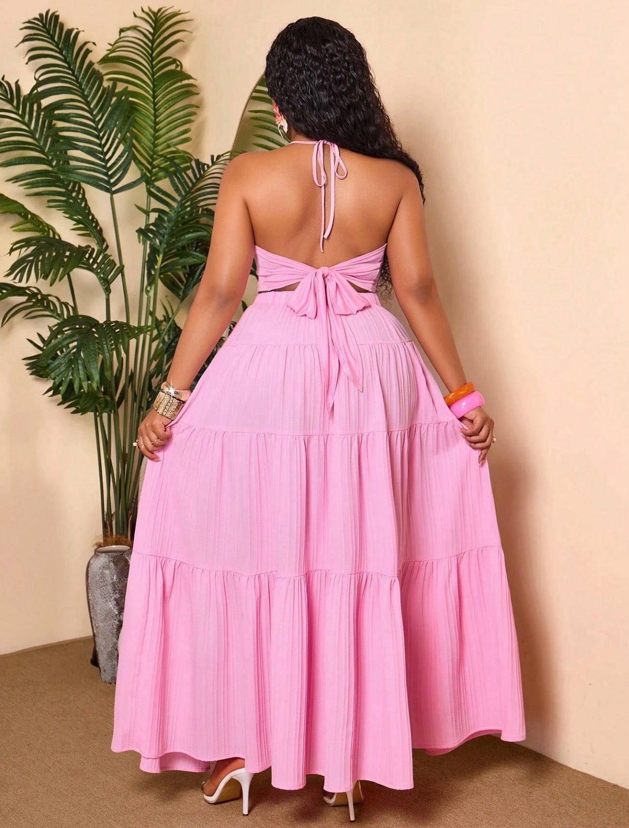 Pink Neck Tie Back Crop Top With Flowy Tiered Maxi Skirt, Elegant Two Pieces Outfit