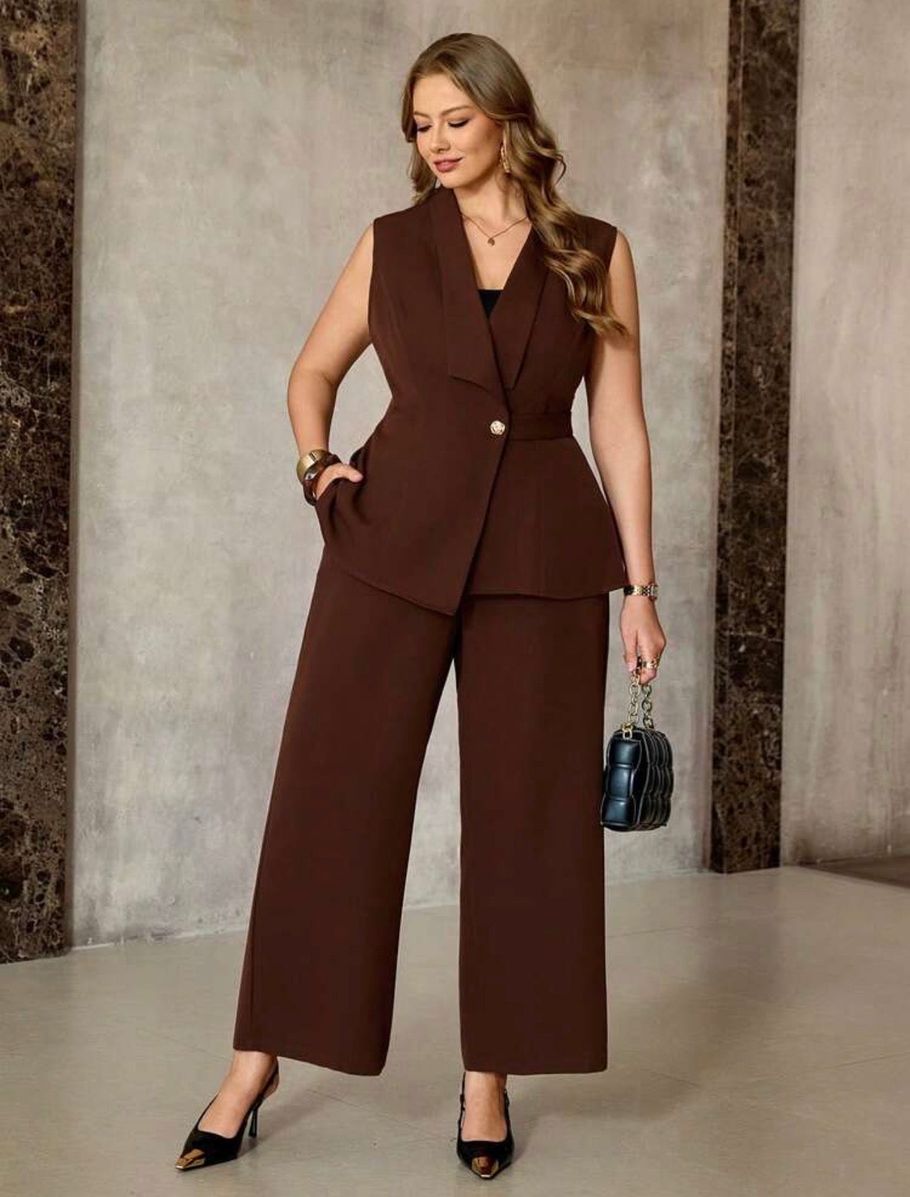 Two-Piece Set,Brown Elegant Mal Sleeveless Blazer Jacket Collar,Asymmetric Hem & Elastic Waist Pants Suit