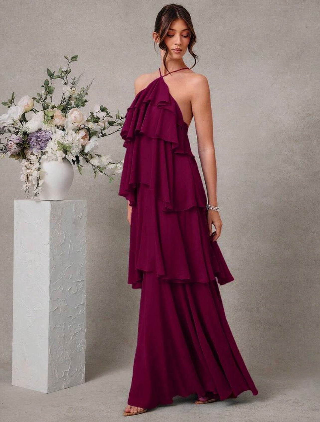 L'Amorae Elegant Romantic Wedding Guest Solid Halter Tiered Chiffon Maxi Dress