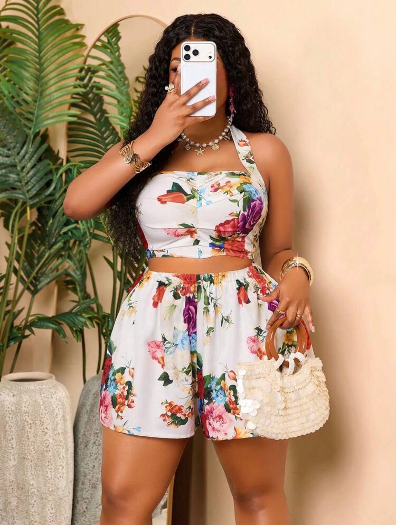 Floral Neck Crop Top And Shorts Set With Lace-Up Back Design And Ruffle Details, Suitable For Vacations