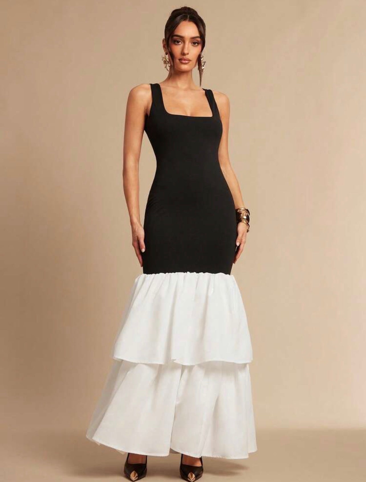 Elegant Black And White Party Dress,Contrast Color Ruffle Hem Maxi Gown For Women @CHRISTIANDELOS