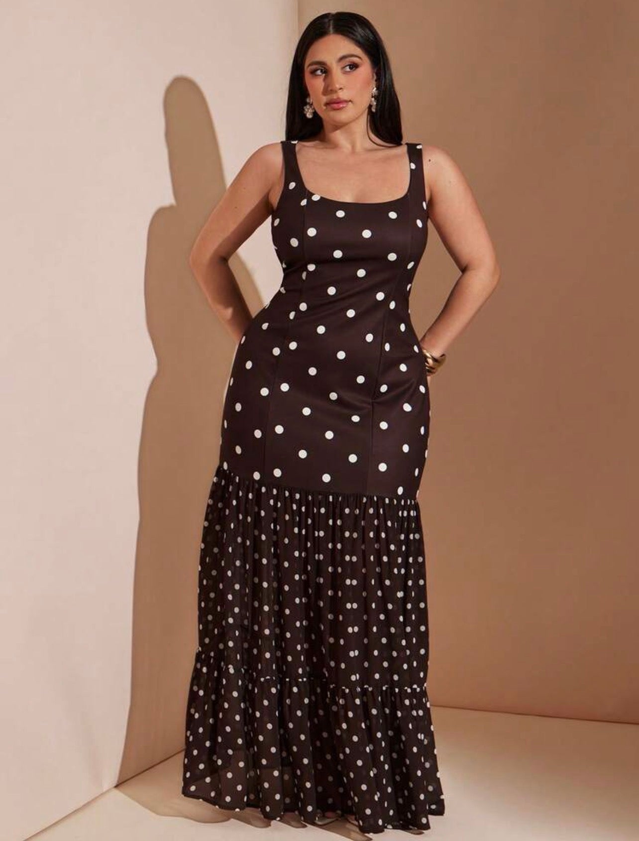 Brown Polka Dot Square Neck Sleeveless Maxi Dress,Elegant Ruffle Hem Tiered A Line Dress