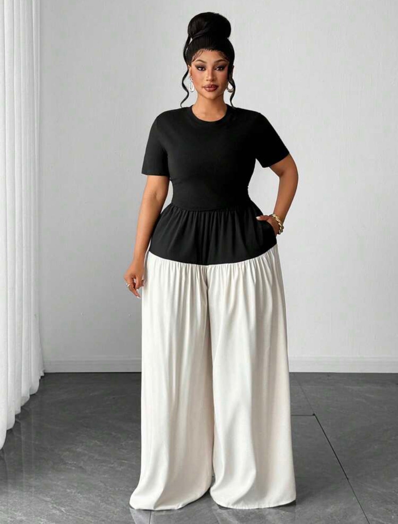 Elegant Smart Casual Everyday Two Pieces Set Fitted Short Sleeve Round Neck T-Shirt And Wide Leg Pants