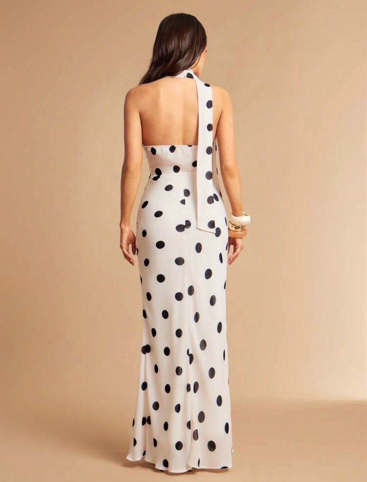 White With Black Polka Dots Deep V-Neck Dress,70s Retro Elegant Party Wear -