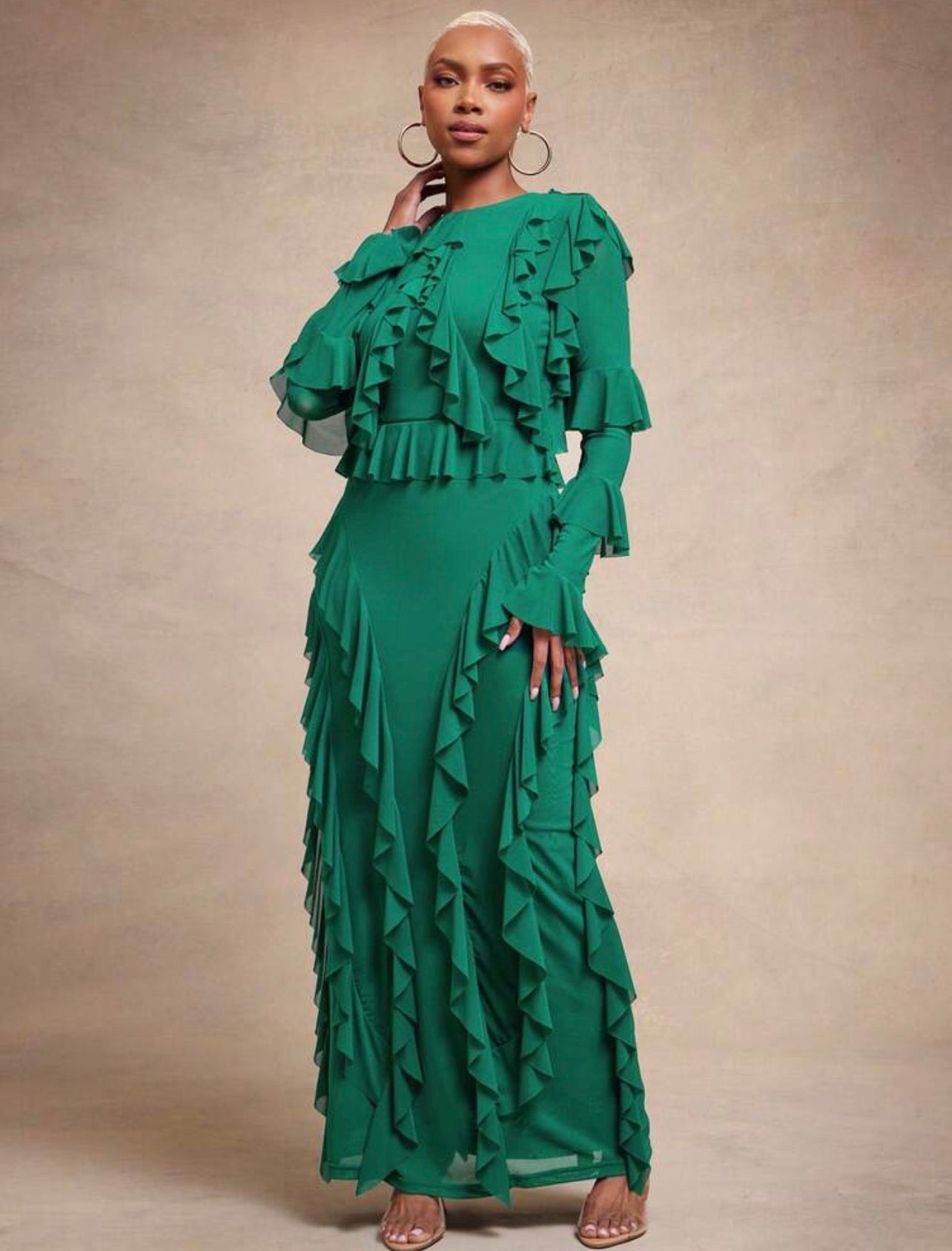 Vixey Lined Mesh Ruffle Detail Midi Dress, Elegant, Date Night, Glamorous For Special Occasion