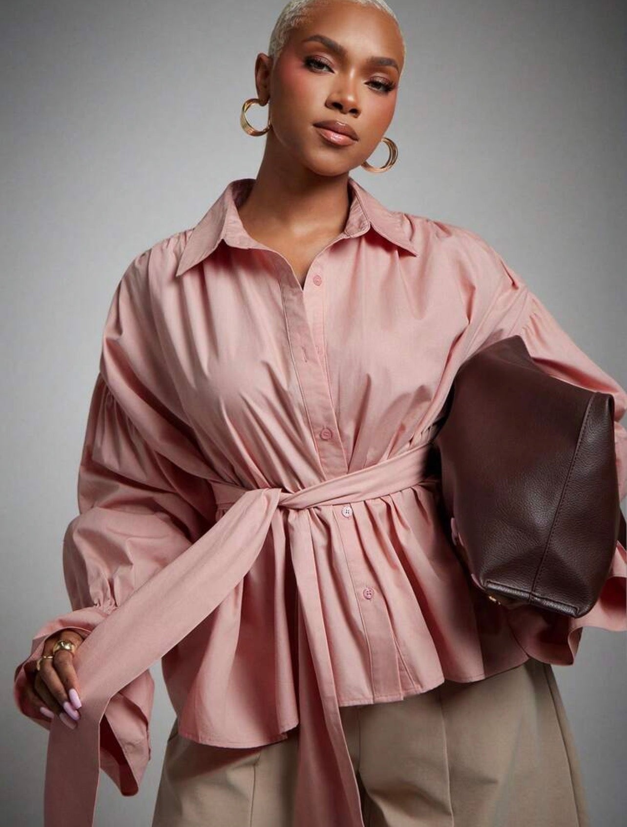 Two-Way Worn Solid Woven Pointed Collar Ruffle Cuff Button Down Blouse, Business Work Office Commute Top, Chic Workwear -