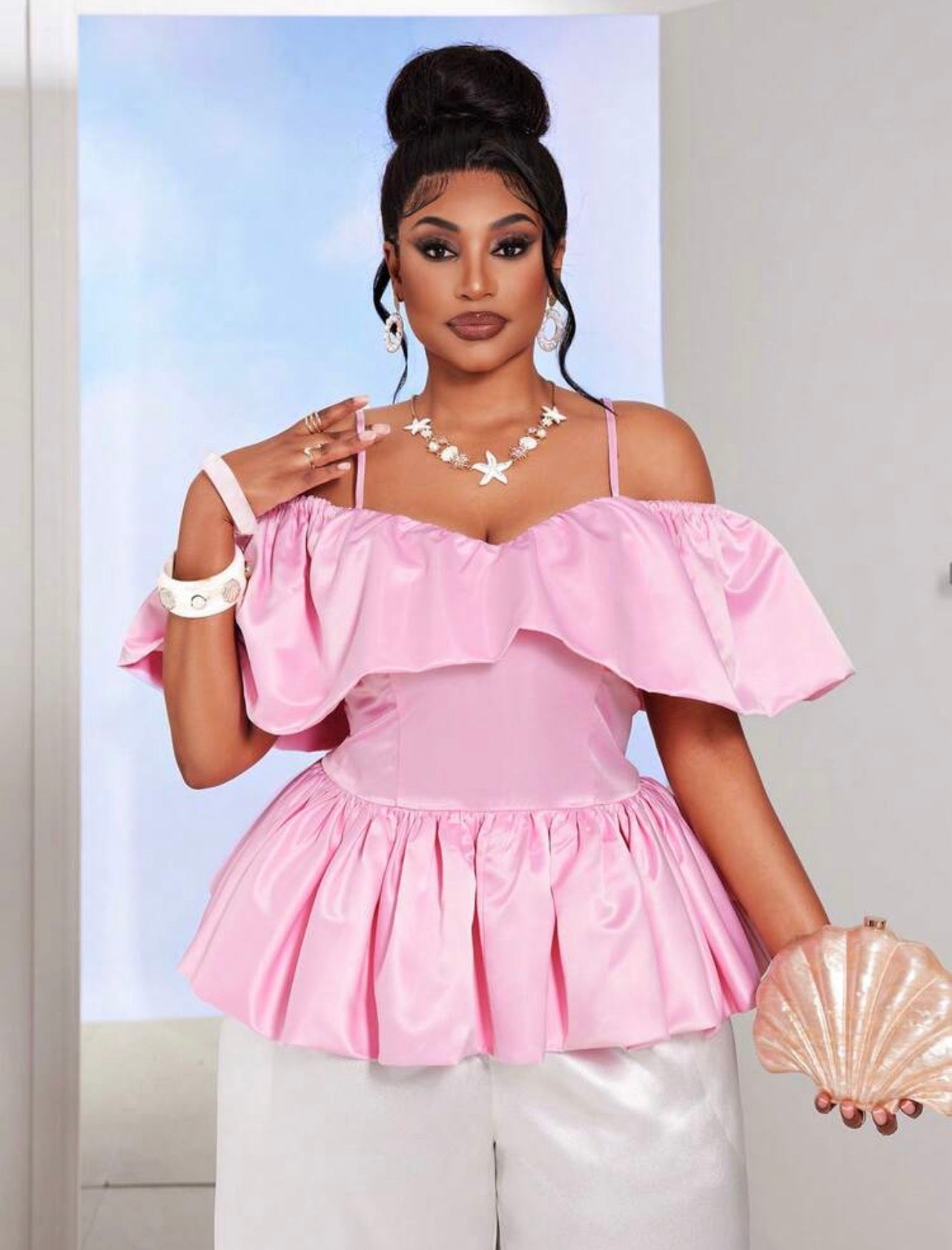 Pink Ruffle Off Shoulder Cinched Waist Short Blouse | VERI CLASSY VERI DEMURE