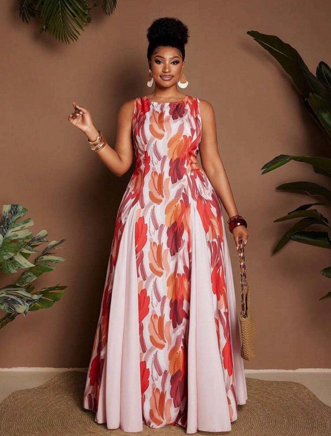 Tropical Vacation Holiday Floral Print Sleeveless Round Neck Waist Flowy Maxi Dress For Party Resort Style