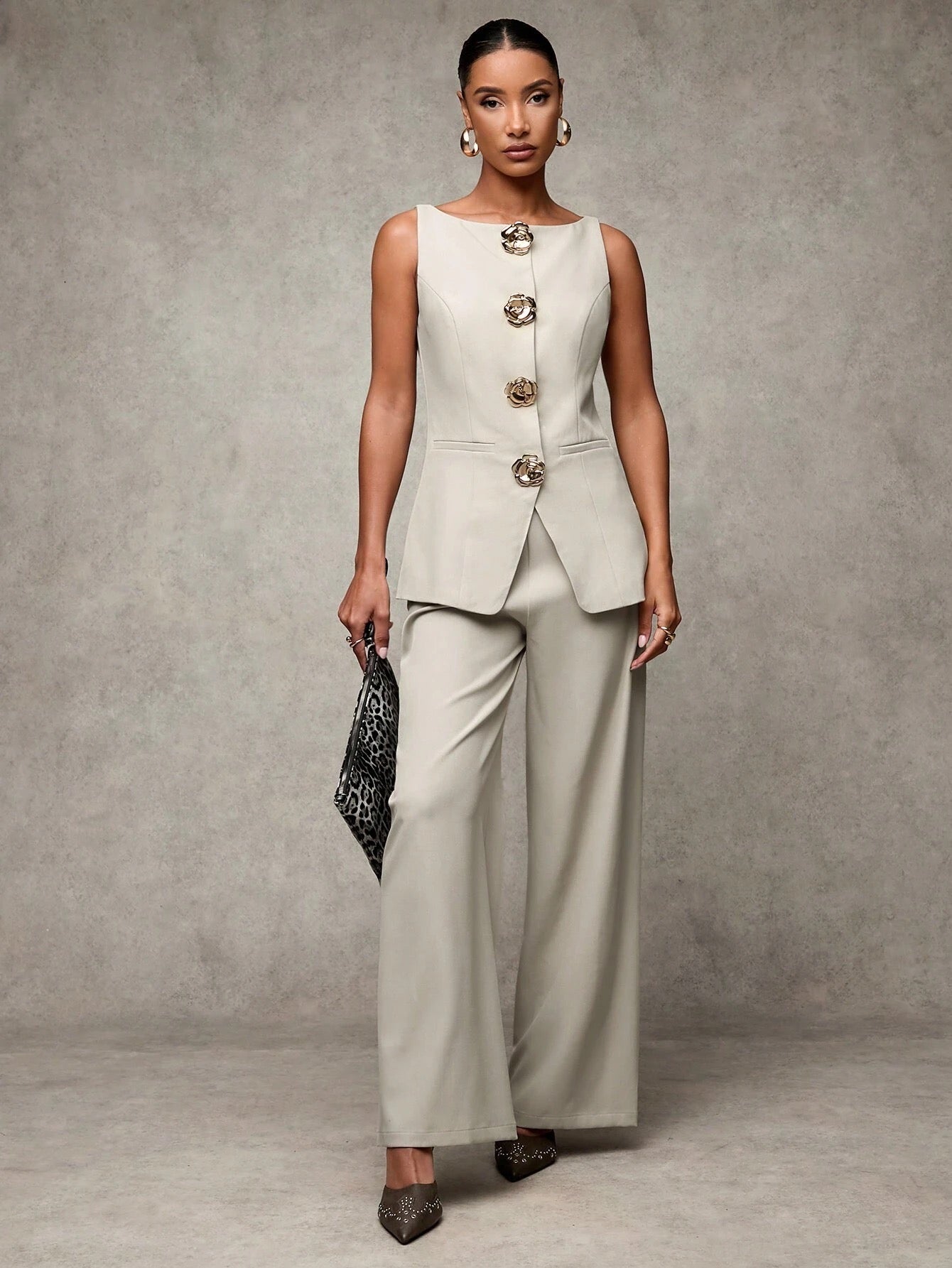 Fashionable Commuter Vest With 3D Floral Decor & Pants Set