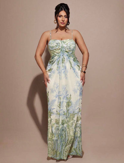 Green Floral Maxi Bodycon Dress, Elegant Dress For Vacation, Mesh Dress