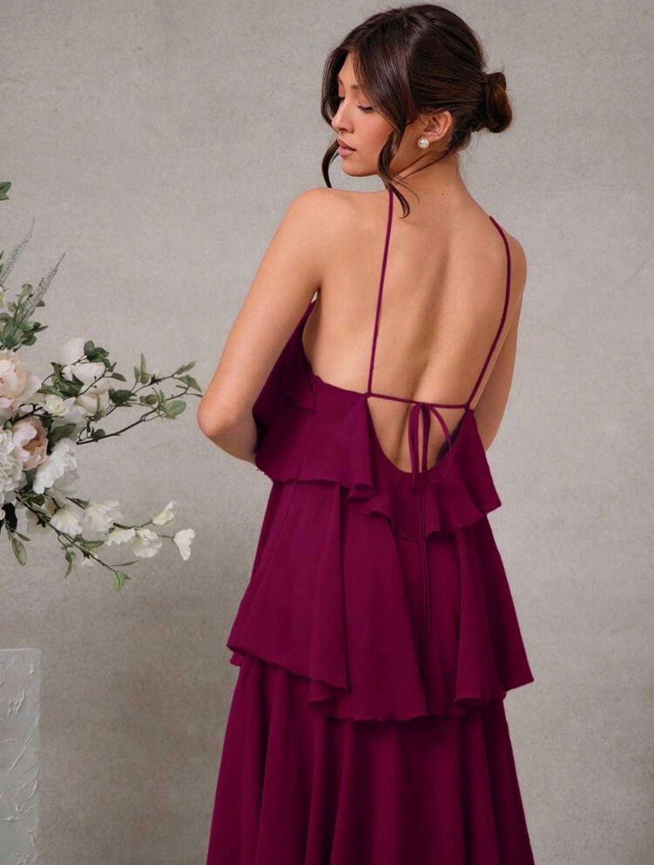 L'Amorae Elegant Romantic Wedding Guest Solid Halter Tiered Chiffon Maxi Dress