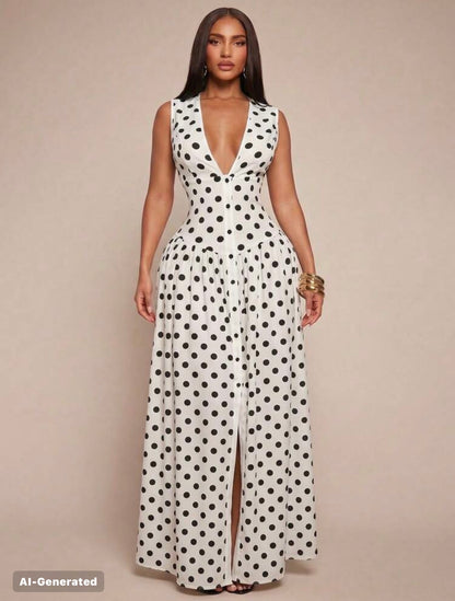 Radiana Women's Sexy Elegant Minimalist Faux Linen V-Neck Tank Dress, Long Dress, Waist-Cinching Dress, Button-Front Dress, Shirt Dress, Full Skirt Dress, Casual Dress, Casual Business lOld Money Style @ CHRISTIAN DELOS