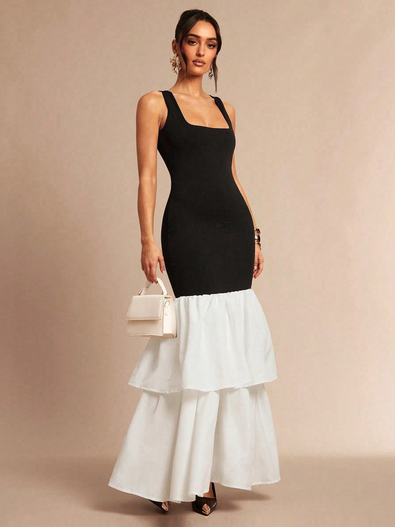 Elegant Black And White Party Dress,Contrast Color Ruffle Hem Maxi Gown For Women @CHRISTIANDELOS