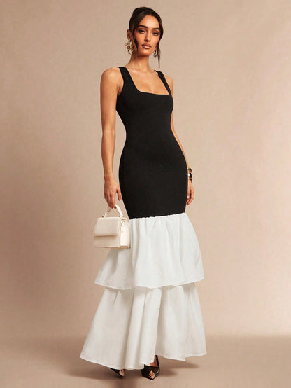 Elegant Black And White Party Dress,Contrast Color Ruffle Hem Maxi Gown For Women @CHRISTIANDELOS