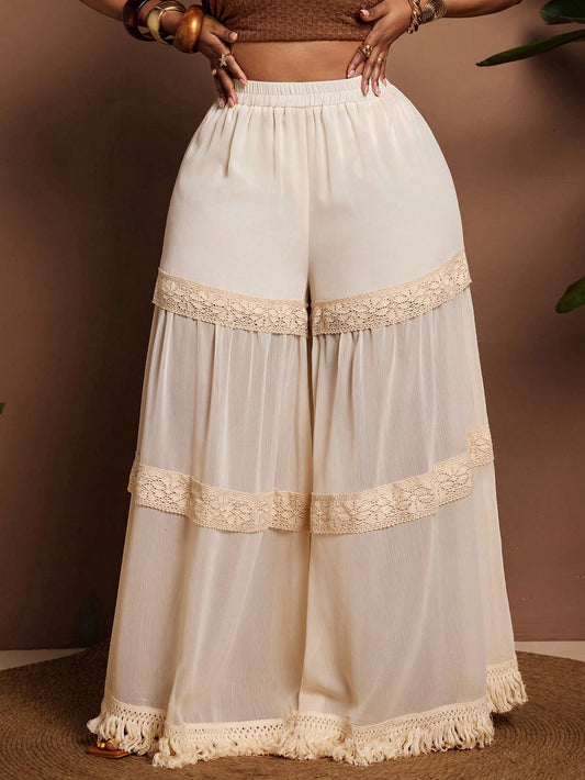 Flowy Chiffon High Waist Slimming Lace Patchwork Pants, VERI Luxurious C-D Wear -