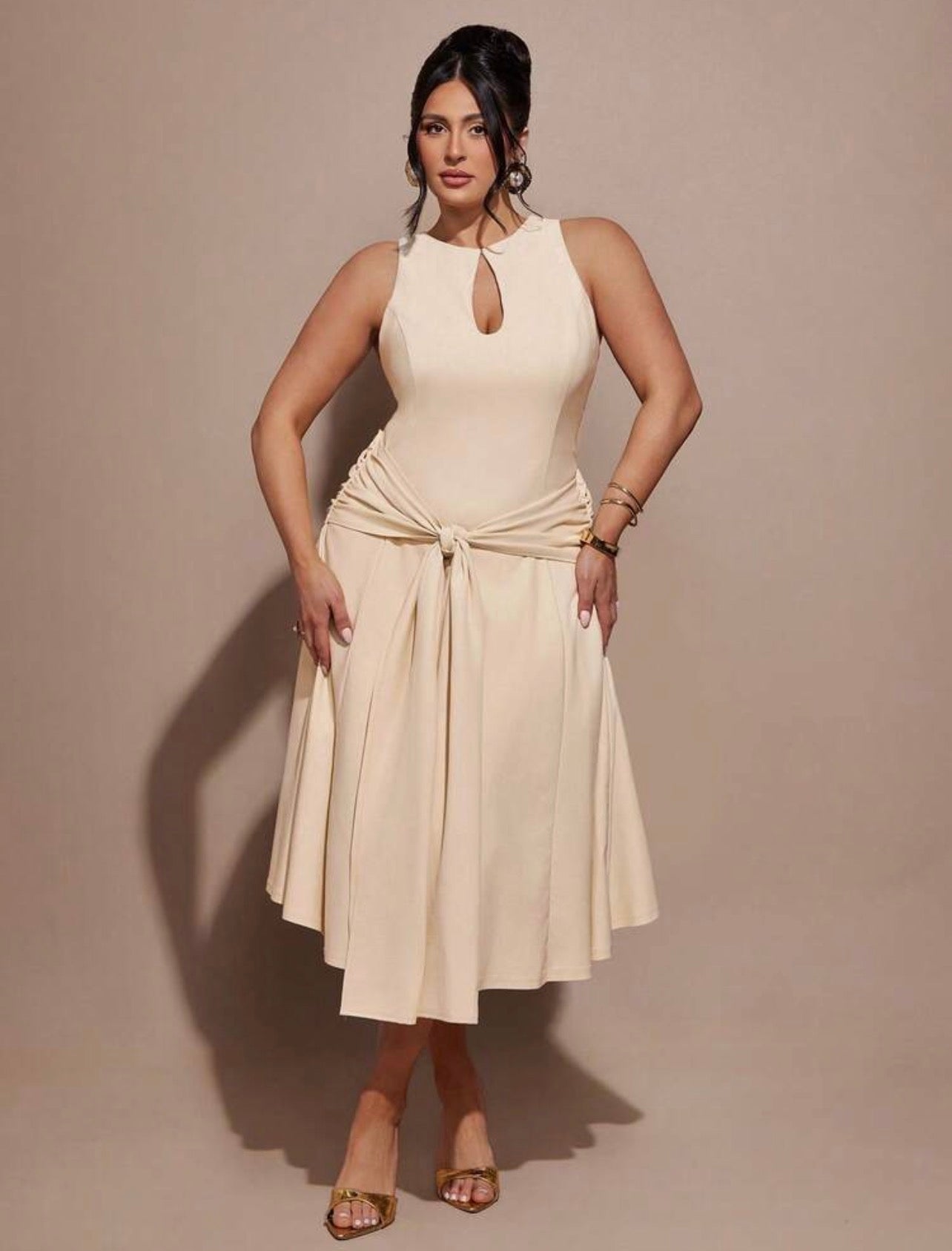 Beige Stunning Curve Cocktail Slit Silhouette Dress - CHRISTIANDELOS FASHION