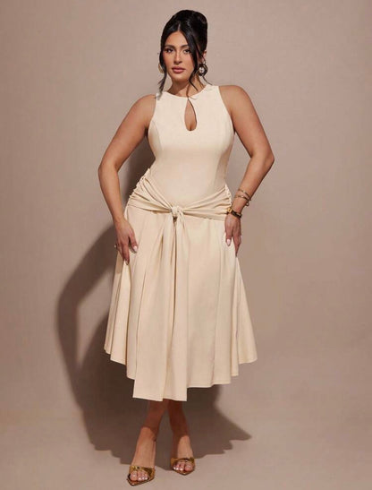 Beige Stunning Curve Cocktail Slit Silhouette Dress - CHRISTIANDELOS FASHION