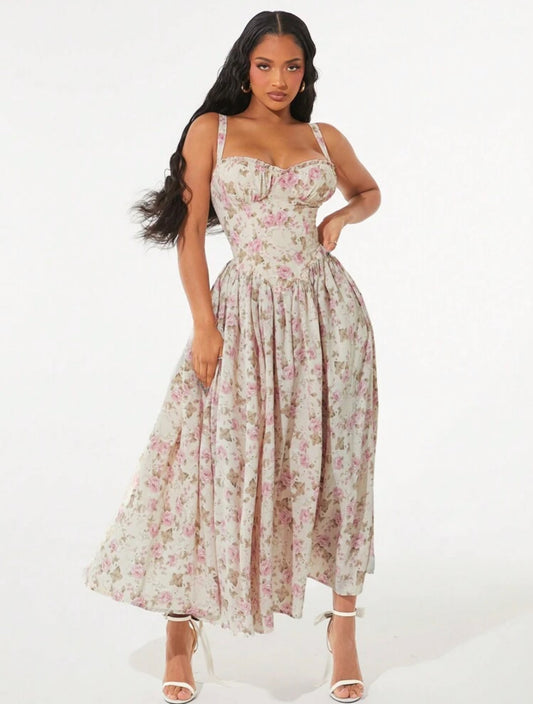 Radiana Sundress;Spring And Elegant Floral Print Cami Resort Dresses