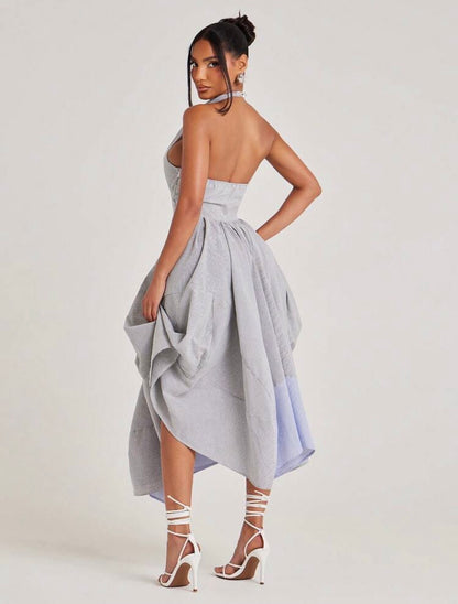 SZN Dress Midi Striped Pleated Gathered Ruched Ruffled Unique Bubble Hem ~ @CHRISTIANDELOS_