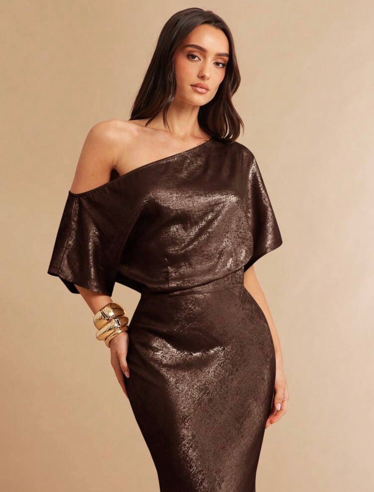 Silquee Elegant Vintage Asymmetrical Shoulder Waist Cinched Dress - VERI CLASSY VERI DEMURE @CHRISTIANDELOS
