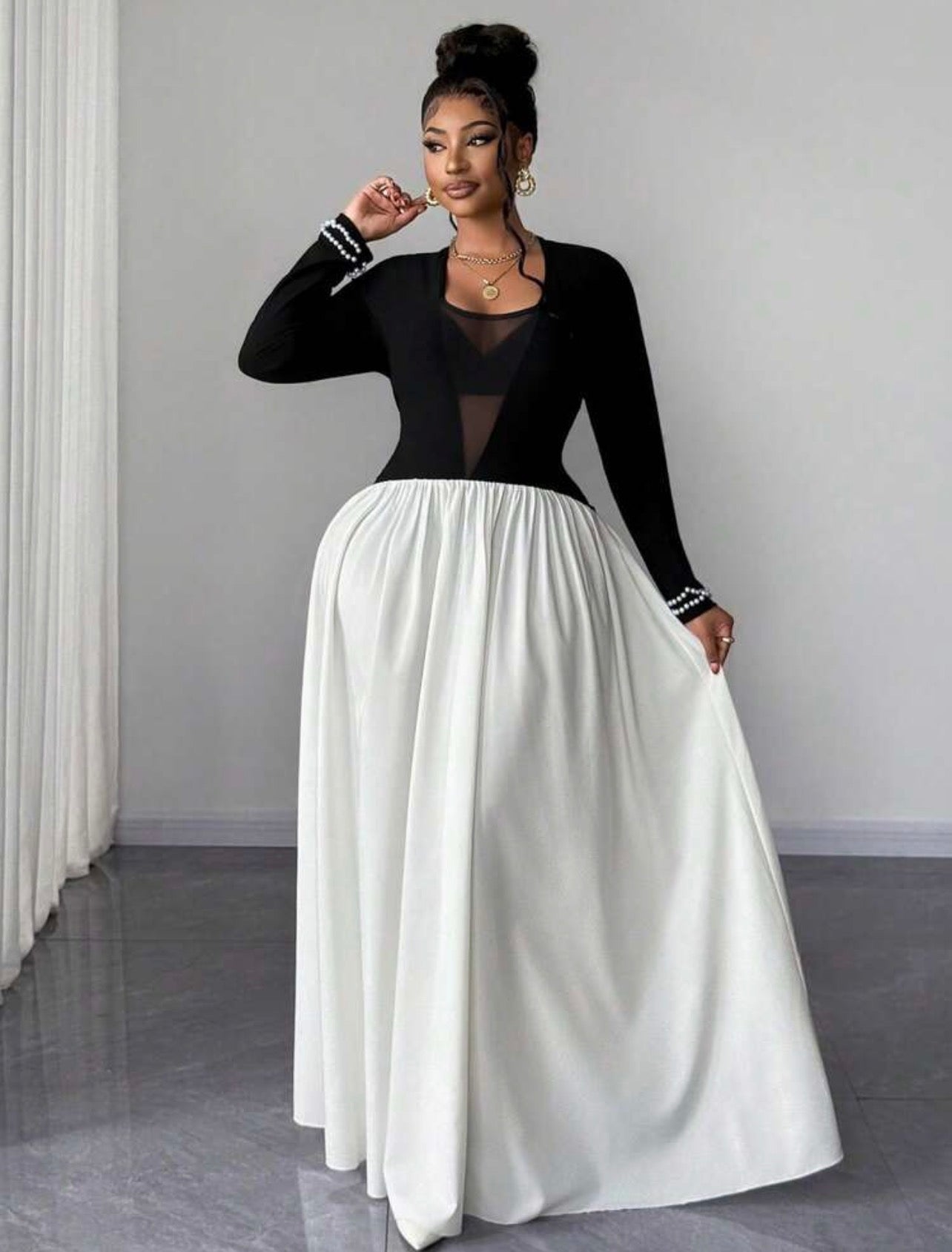 STYLISH Mesh Patchwork V-Neck Fitted Waist Top,A-Line Design,Beaded Cuffs,Autumn,Elegant,Traditional DRESS
