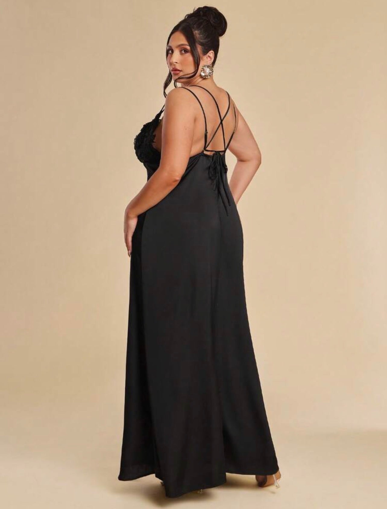 Elegant Black Deep V-Neck Satin Backless Dress,Lace Floral Tie-Up Sommar Evening Formal Dress @CHRISTIANDELOS