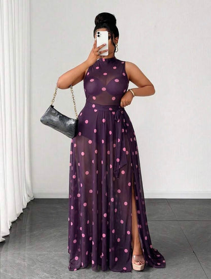 Women's Sexy Vacation Leopard Print Semi-Sheer Mesh Ultra Long High Slit Sleeveless Party Dress