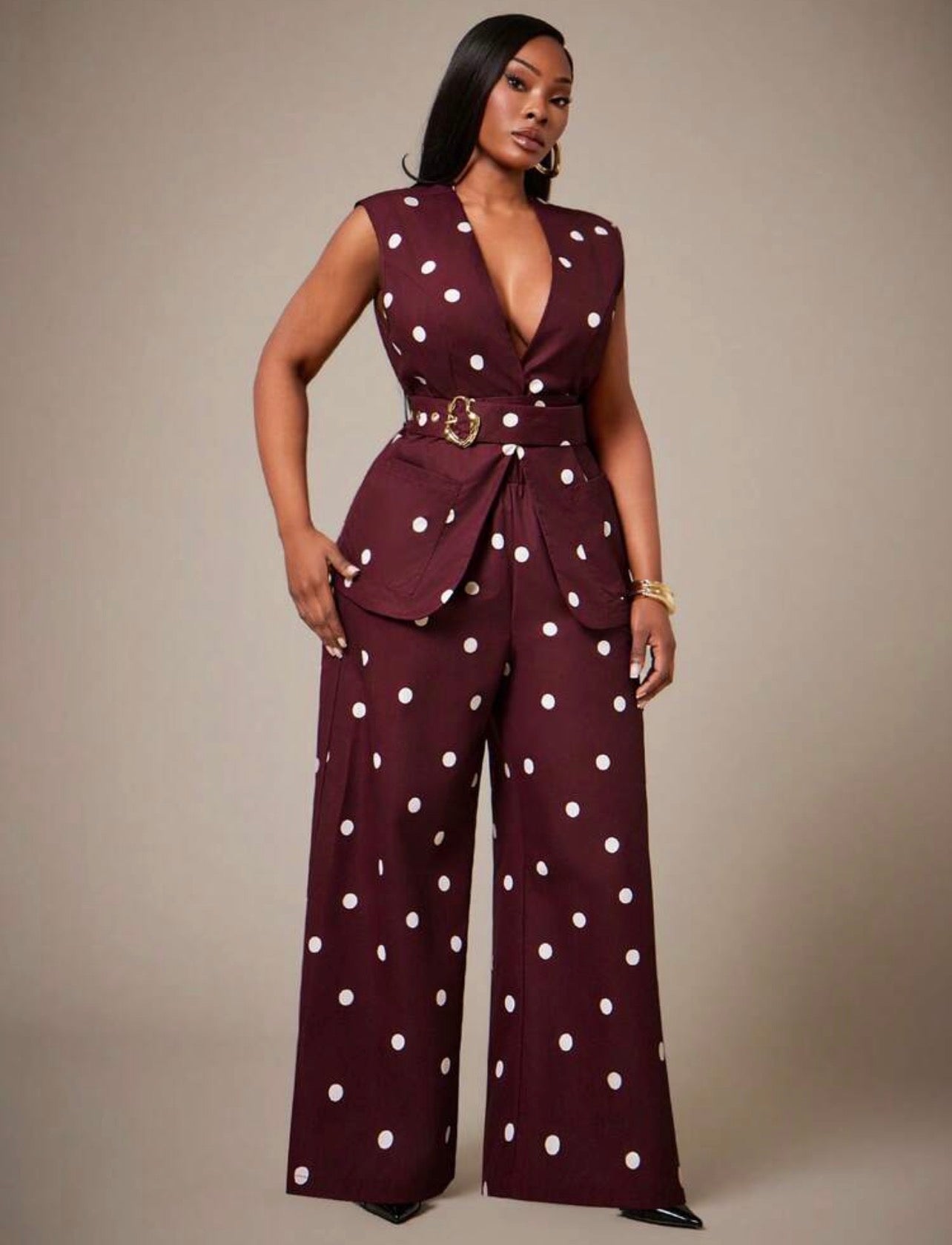 Radiana Ladies Classic Retro Polka Dot Vest And Wide Leg Pants Set For Holiday / Vacations