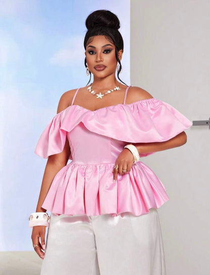 Pink Ruffle Off Shoulder Cinched Waist Short Blouse | VERI CLASSY VERI DEMURE