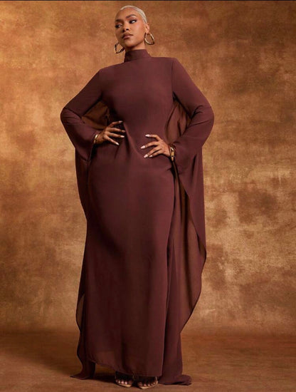 Vixey Brown Chiffon Mock Neck Batwing Long Sleeve Maxi Dress @CHRISTIANDELOS