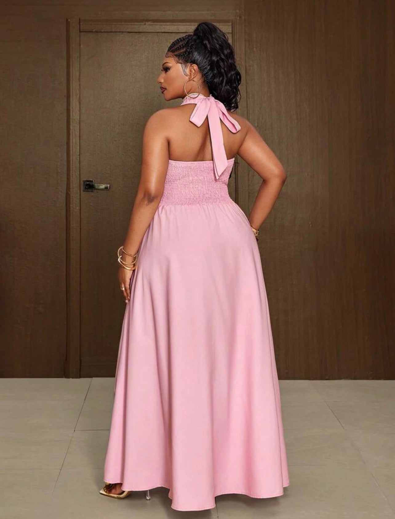 Sweet Solid Color Versatile Waist Cinching Simple Neck Line Dress For Women