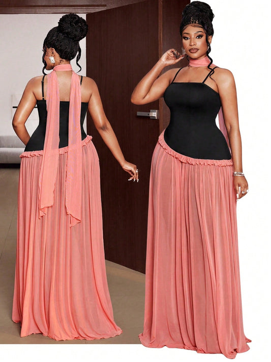 Sexy Spaghetti Strap Patchwork Frill Trim Dress, Loose Casual Holiday Dress @CHRISTIANDELOS