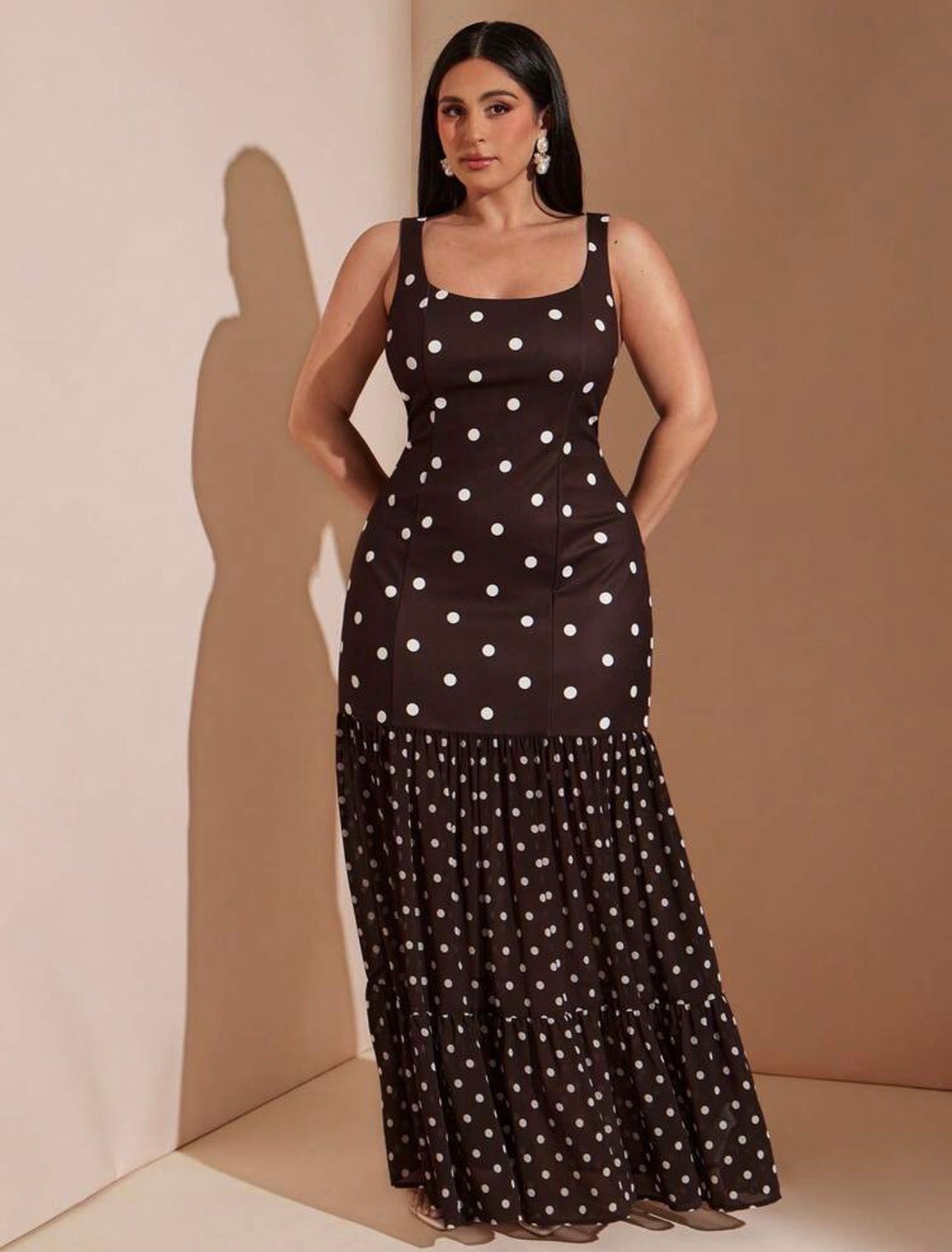 Brown Polka Dot Square Neck Sleeveless Maxi Dress,Elegant Ruffle Hem Tiered A Line Dress