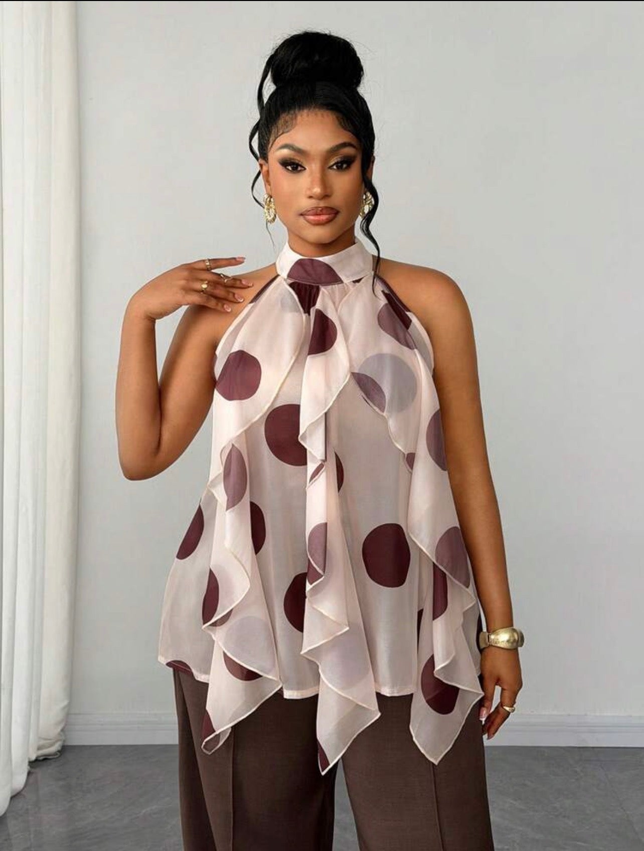 Maweii Plus Retro French Polka Dot Ruffle Hem Blouse