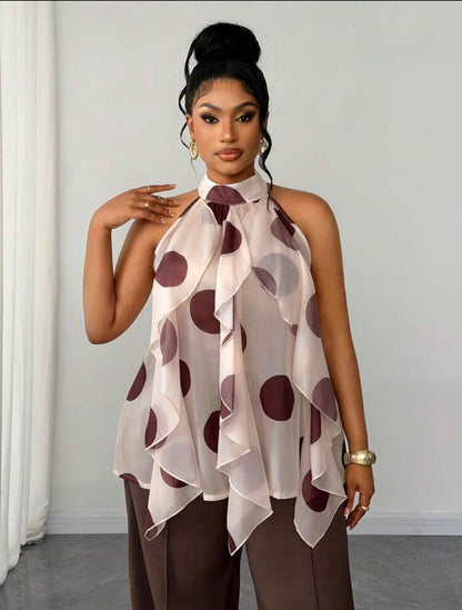 Maweii Plus Retro French Polka Dot Ruffle Hem Blouse