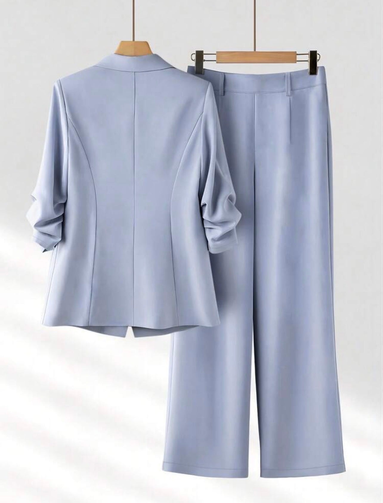 Commute Pleated Design 3/4 Sleeve Loose Single-Breasted One-Button Blazer With Real Pockets And Long Pants Set