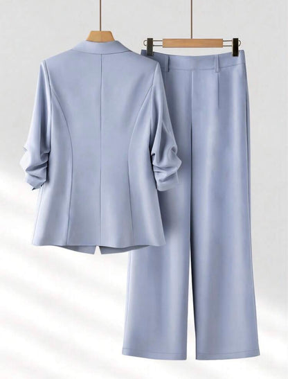 Commute Pleated Design 3/4 Sleeve Loose Single-Breasted One-Button Blazer With Real Pockets And Long Pants Set
