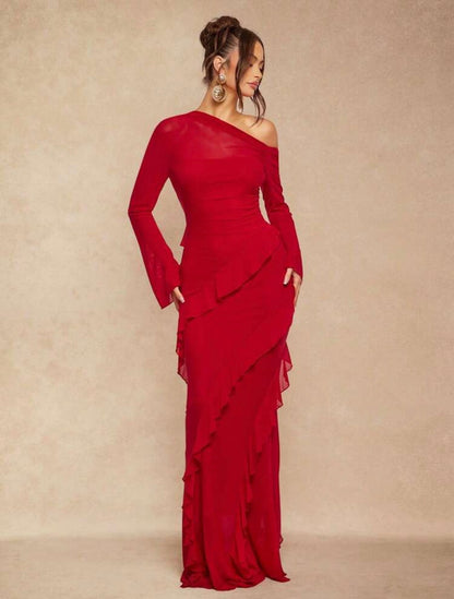 Burgundy Red Elegant Party Dress For Women,Sheer Shoulder Ruched Flare Sleeve Ruffled Hem Fitted Dress