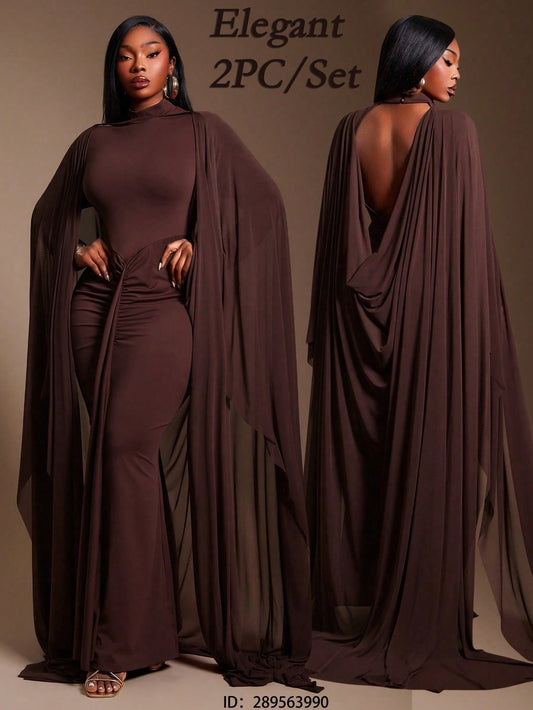 ELEGANT New Urban Resort 2pcs/Set With High-Necked, Open-Back, Long-Sleeved Dress And Matching Sheer Maxi Shawl Light Coat @CHRISTIANDELOS