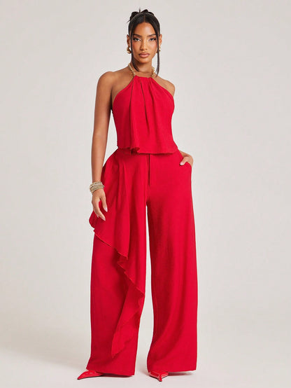 Matching Set Top And Pant Chain Neck Halter Oversized Trouser Wide Leg Asymmetrical Skirt Overlay Detail Brunch Casual Everyday Wear ~ VERI CLASSY VERI DEMURE ~