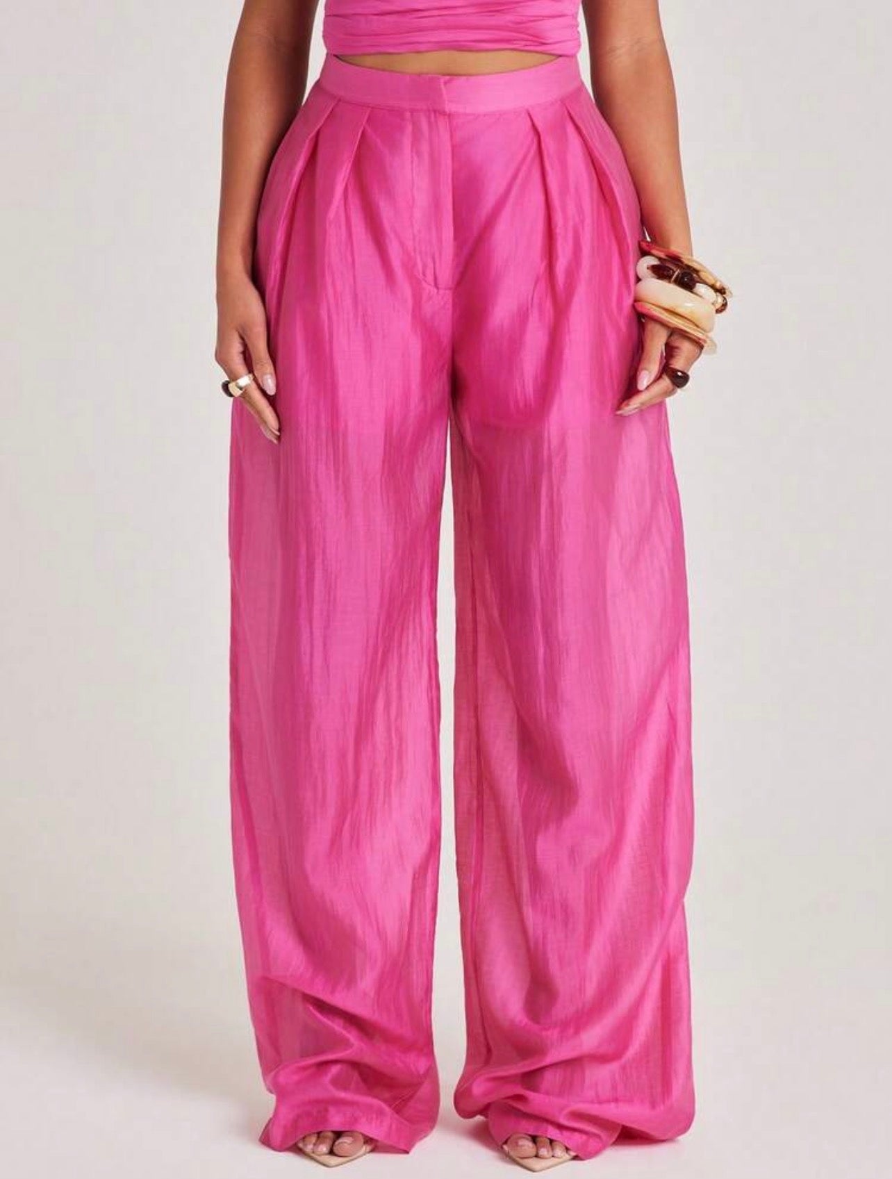 DEMURE Pants Sheer Trouser Lightweight Airy See Through Pink Pleated Brunch Trousers @CHRISTIANDELOS_
