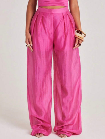 DEMURE Pants Sheer Trouser Lightweight Airy See Through Pink Pleated Brunch Trousers @CHRISTIANDELOS_