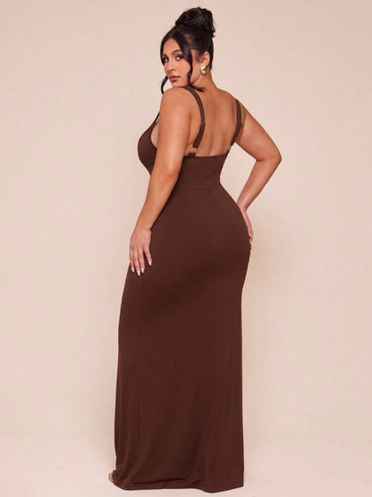 Plus Size Women Vintage Elegant Square Neck Adjustable Strap Faux Twist Hem Slit Dress ~ VERI CLASSY VERI DEMURE ~
