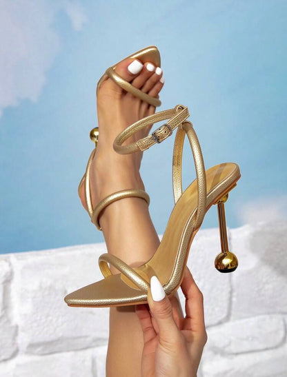 Pointed Toe Thin Heel Gold Single Strap Decor Transparent Luxurious High Heels